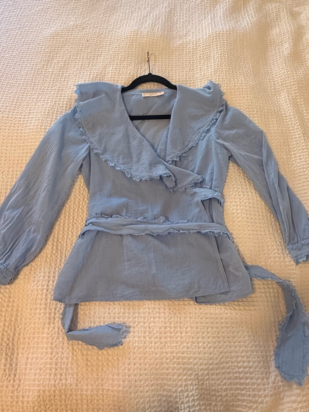 Tory Burch Chambray Wrap Blouse | Ruffle Trim | Size 4